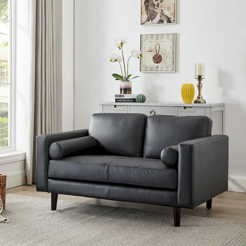 Luxury Cowhide Leather Loveseat with Firm Cushions, Spacious 2-Seat Design, and Bolster Pillows