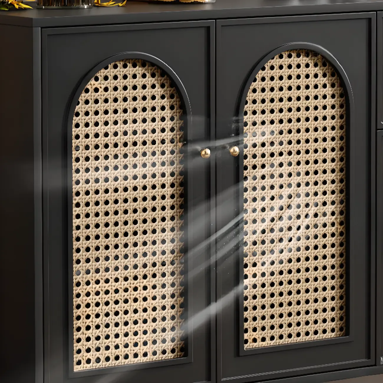 Traditional 3-Layer Rattan Wooden Black Sideboard Cabinet