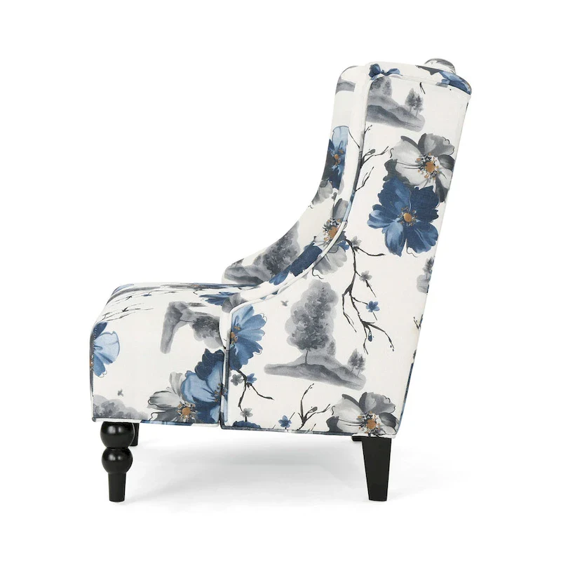 Beige +Blue Flower 28 High-Back Club Chair with Birch Legs
