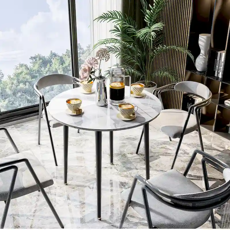 Round Kitchen Dining Table Marble Tabletop with Tapered Metal Legs - 31.5 W x 30 H