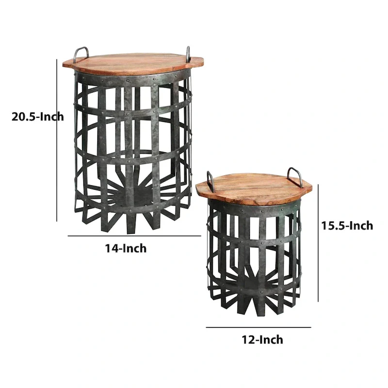 Industrial Grid Galvanized Accent End Table with Round Lid and Handles, Set of 2, Gray and Brown