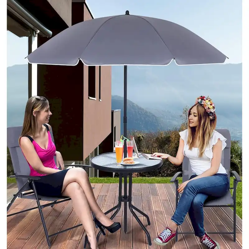 4 Piece Patio Dining Set, Garden Furniture Bistro Set with Tilted Removable Umbrella, 2 Folding Chairs, Round Glass Table (Grey)