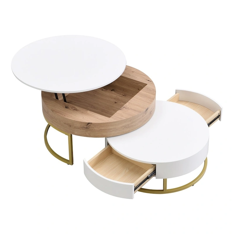 Merax Modern Round Lift-top Nesting Coffee Tables with 2 Drawers