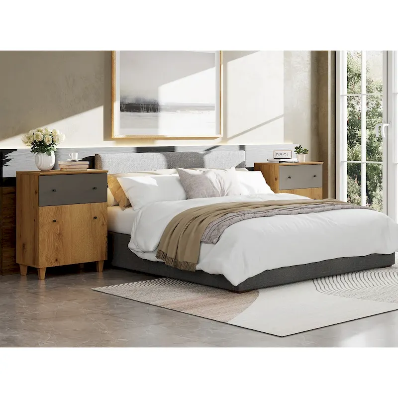 Bedroom Night Stand Bedside Table with Drawer and Cabinet, 32.4H