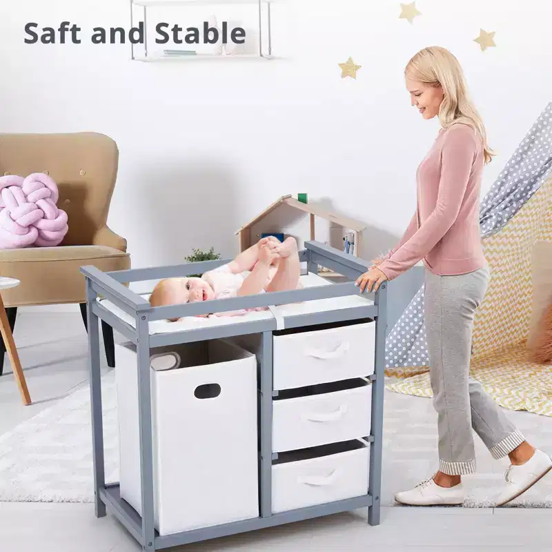 GustoWave Wooden Baby Changing Table,Modern Diaper Changing Table,Infant Diaper Station Dresser with Laundry Hamper, 3 Drawer Basket