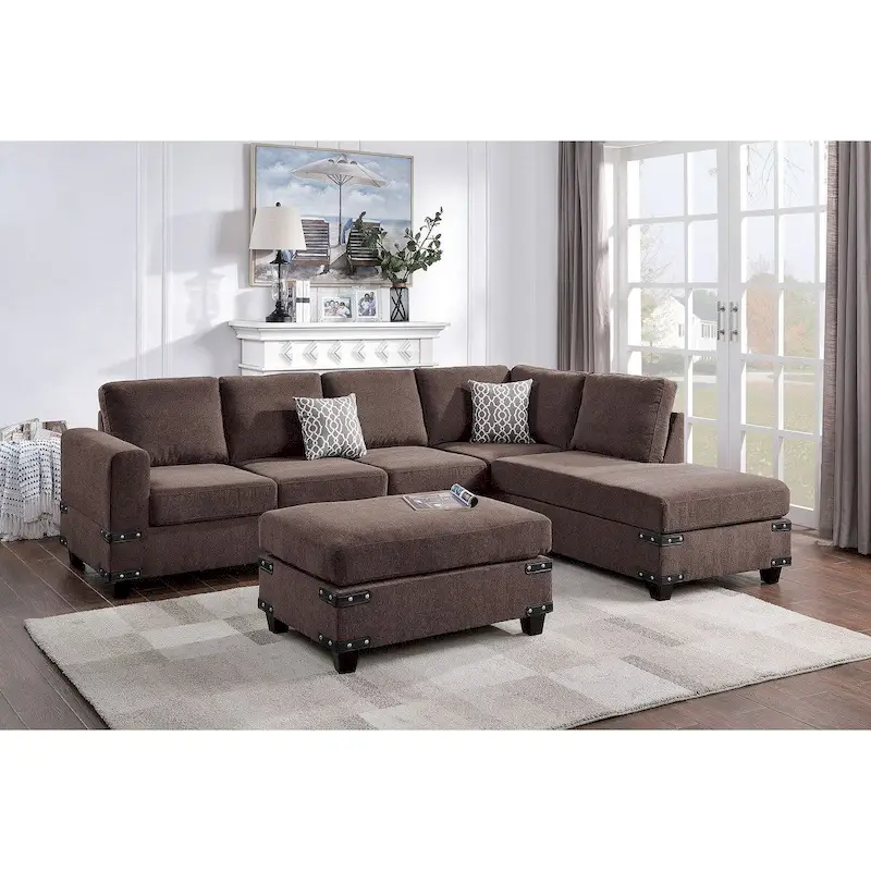 Poundex 3 Piece Fabric Sectional Sofa Set with Ottoman