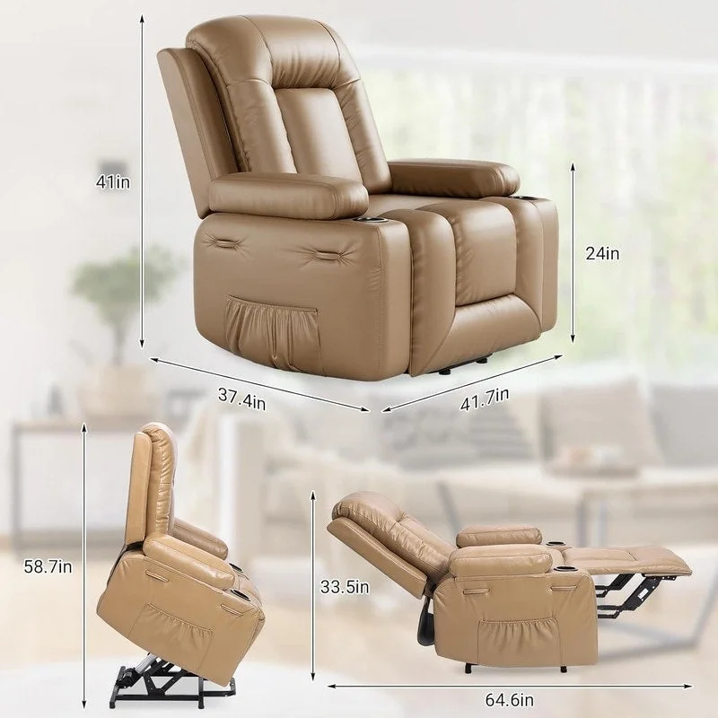 Power lift recliner chair with massage, cup holders, and side pocket.