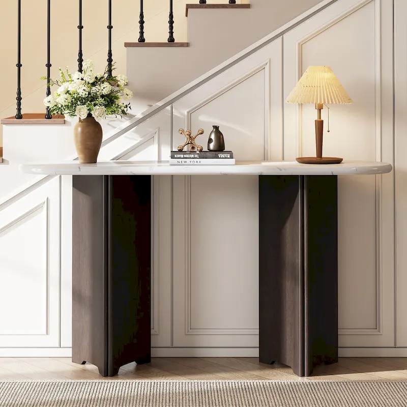 53.9 Console Table with Faux Marble Top & Wood Base