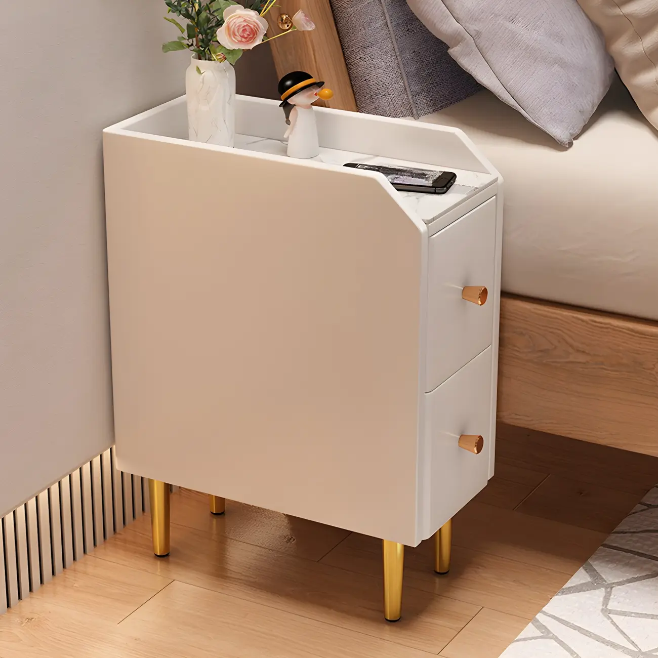 Narrow Faux Leather Drawer Nightstand with Stone Countertop