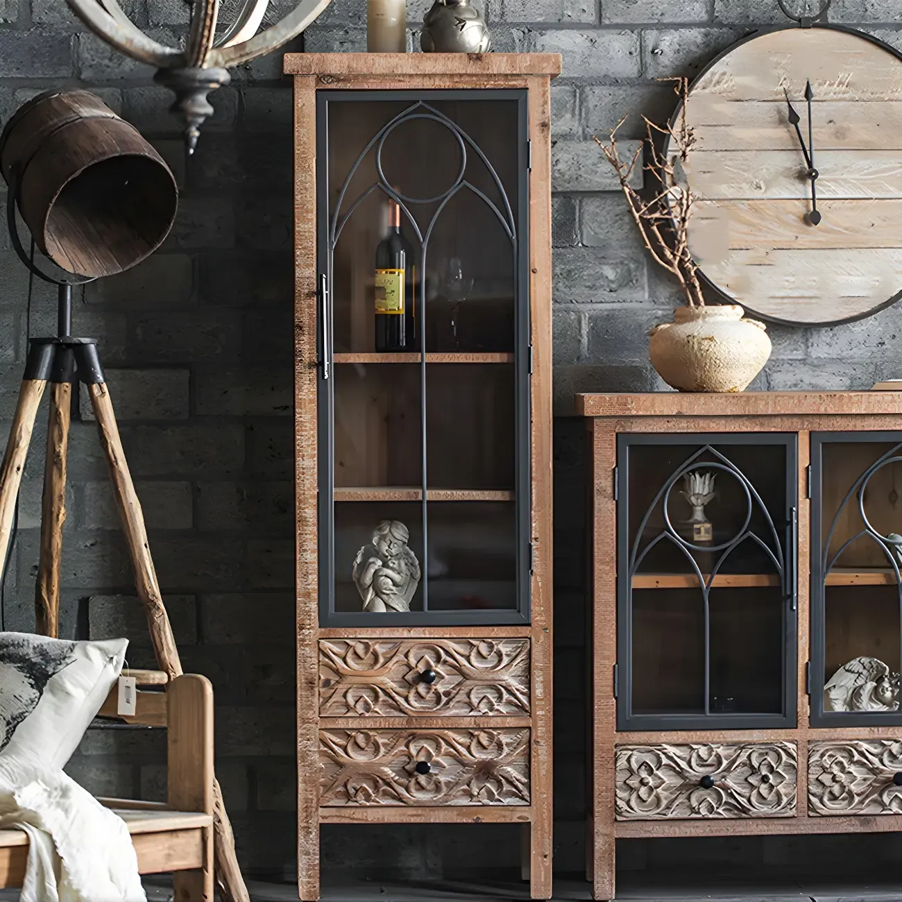 Classic 2-Drawer Brown Medium Wood Glass China Cabinet