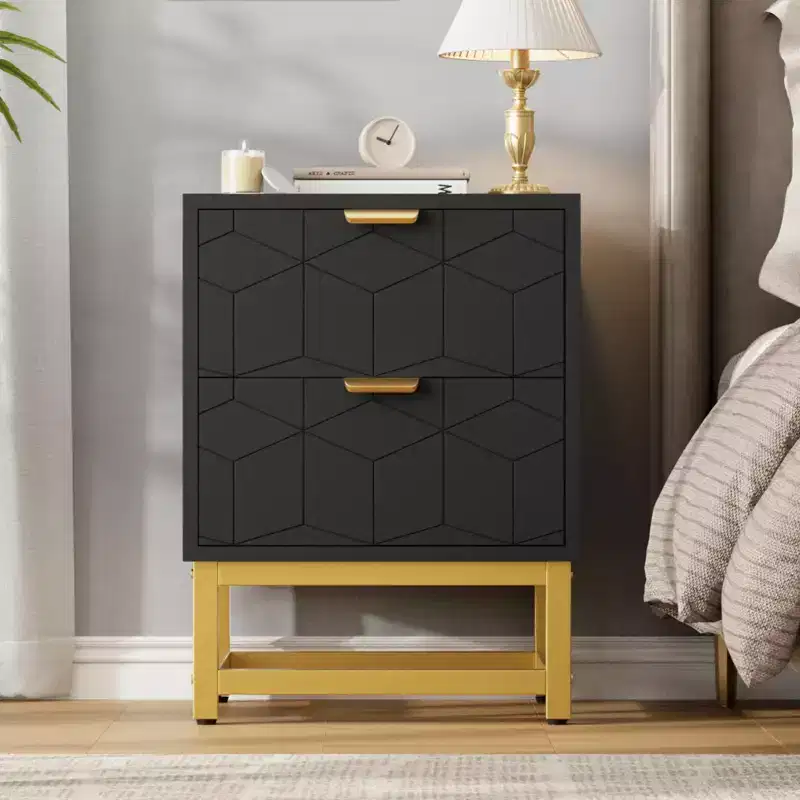 2-Drawer Dresser with Gold Legs & Handles, Black, Modern Carved Design