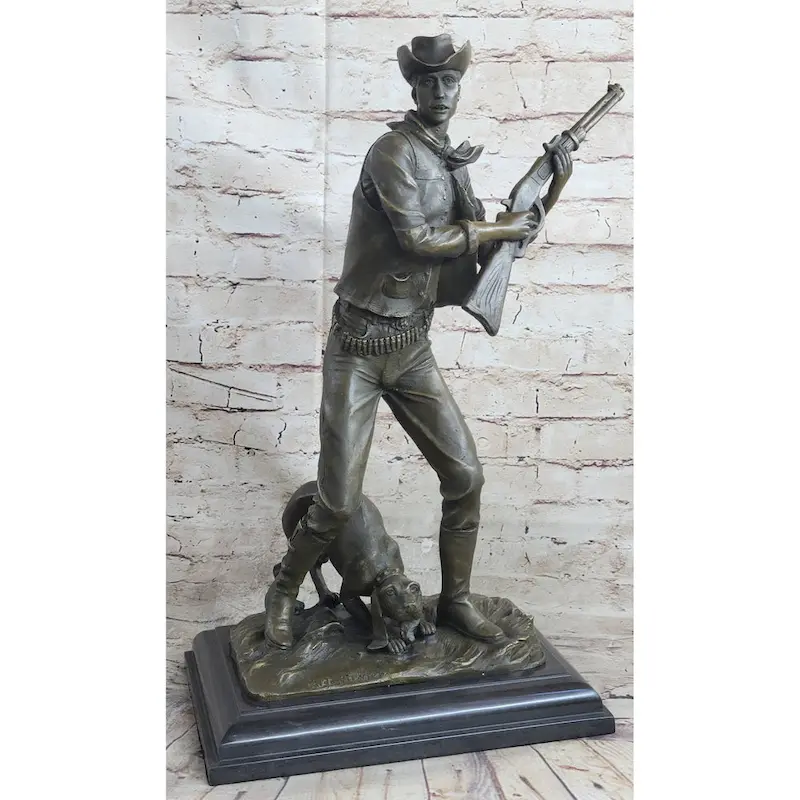 Signed Original Aldo Vitaleh Cowboy W/ Gun And His Imitative Dog Bronze Sculpture Statue