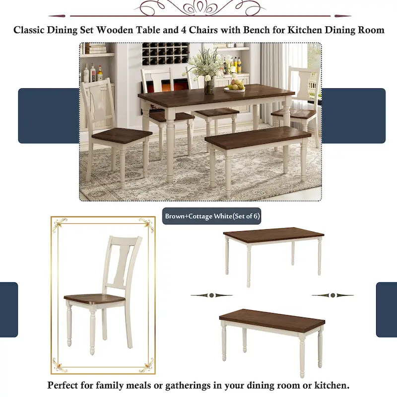Classic 6-Piece Dining Set Wooden Table and 4 Chairs with Bench