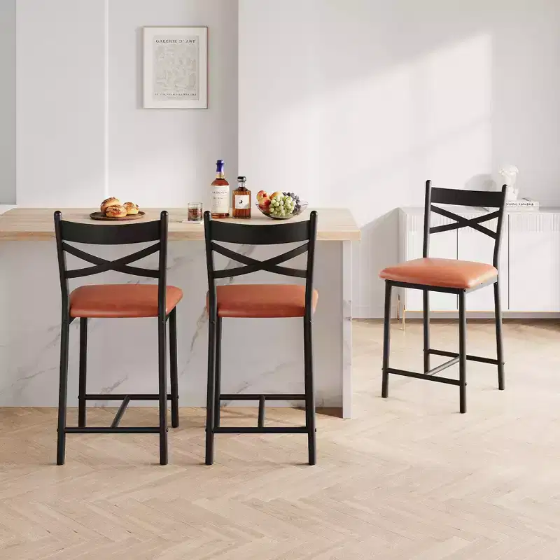 Set of 2 Counter Height Bar Stools with Back, Upholstered Faux Leather Bar Chairs with Thick Cushion and Footrest