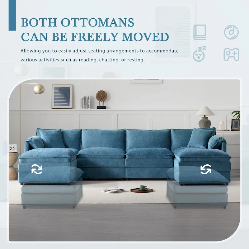 136 U-Shaped Chenille Cloud Sectional Sofa with Dual Ottomans