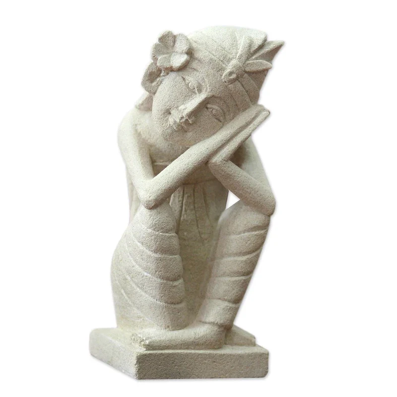 Handmade Sandstone 'A Boy's Daydream' Sculpture (Indonesia)