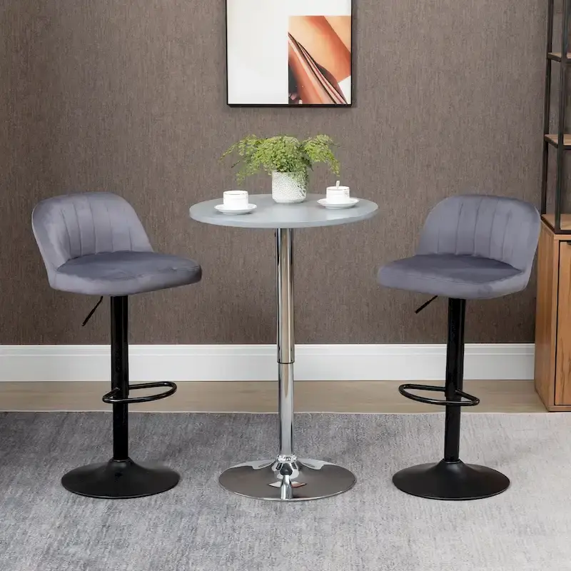 HOMCOM Adjustable Bar Stools Set of 2, Velvet Counter Height Barstool, Upholstered Kitchen Stool with Swivel Seat, Steel Frame
