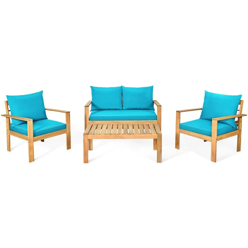 Gymax 4PCS Patio Acacia Wood Conversation Furniture Set w/ Turquoise - See Details