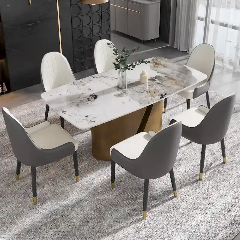 71 & 63 Modern Kitchen Table Marble Sintered Stone Table Top with Metal Gold Finish Legs
