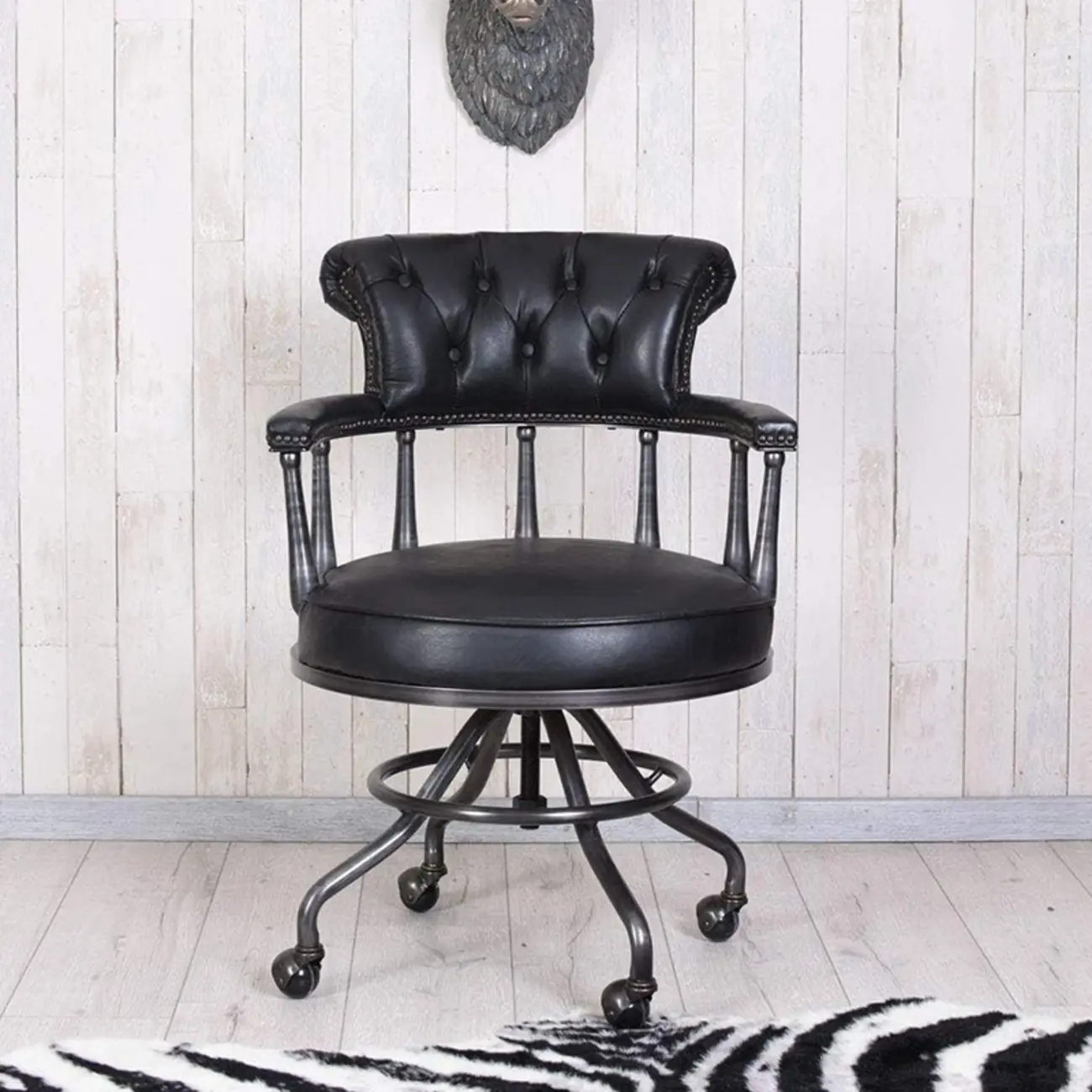 Black Chesterfield Office Chair in Antique Leather