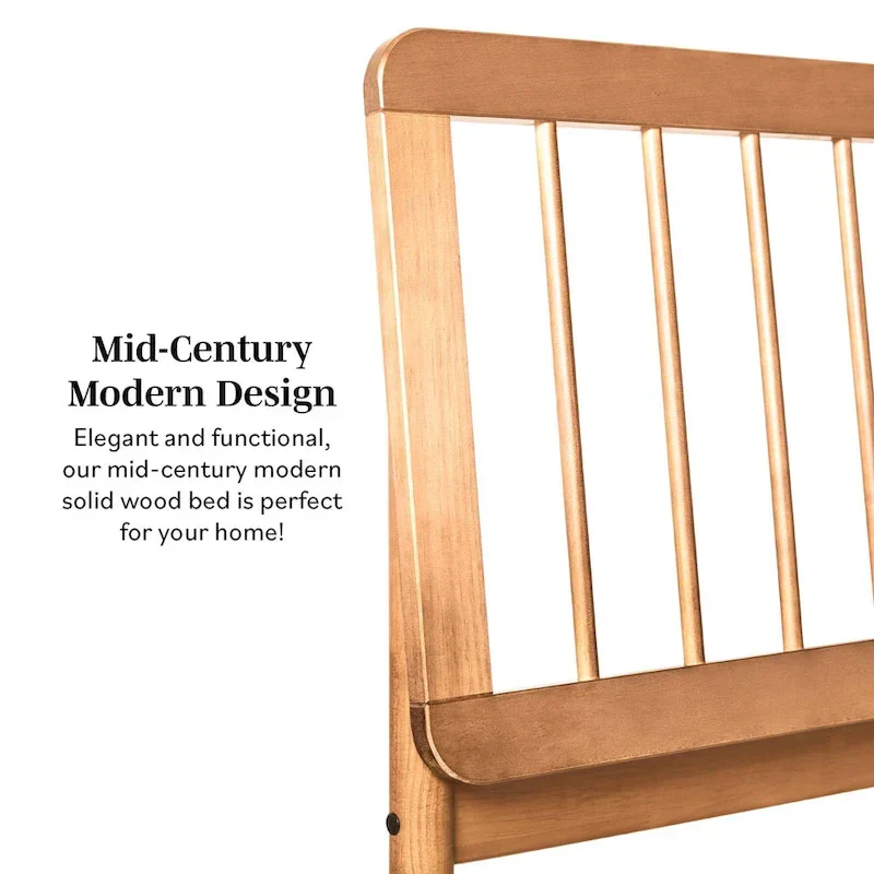 Queen Solid Wood Spindle Bed Frame with Pine Legs – Caramel / Natural Pine / Black, for 1–2 People