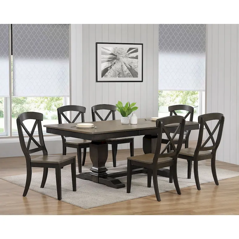 Double Pedestal Transitional Antique Grey X-Back 7-Piece Dining Set