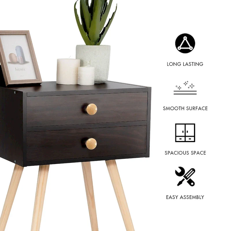Espresso 2-Drawer Nightstand with Wood Legs