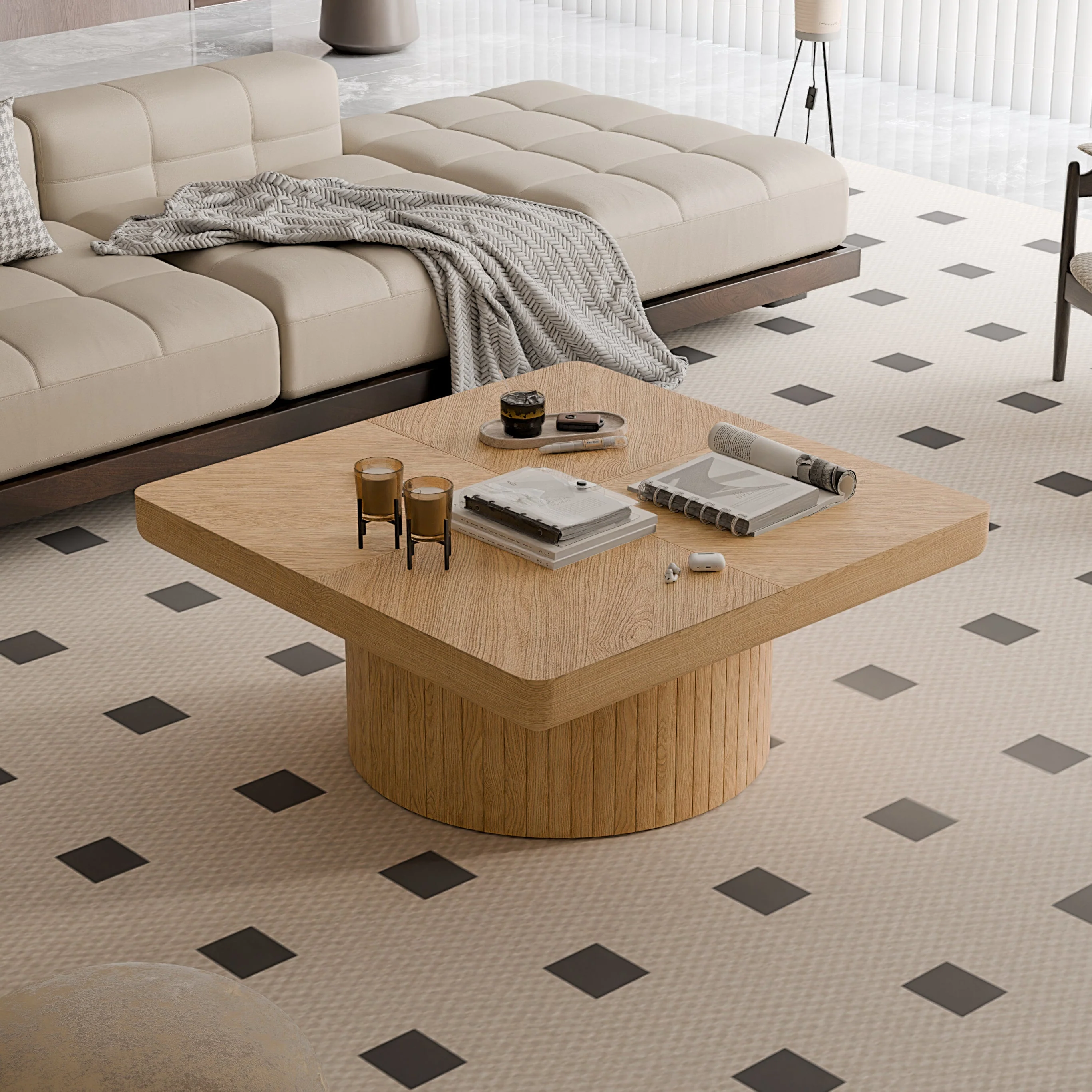 Modern Veneer 34.6'' Square Fluted Cylindrical Base Coffee Table