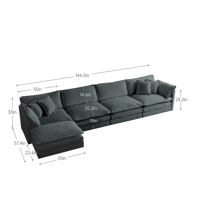 5-Piece Modular Chenille Upholstered L-Shaped Sectional Sofa with Ottoman