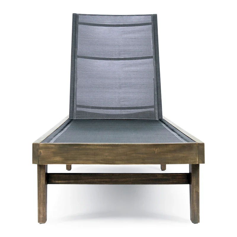 Liam Outdoor Chaise Lounger, 78 Inch Mesh Seat, Dark Gray Acacia Wood Frame