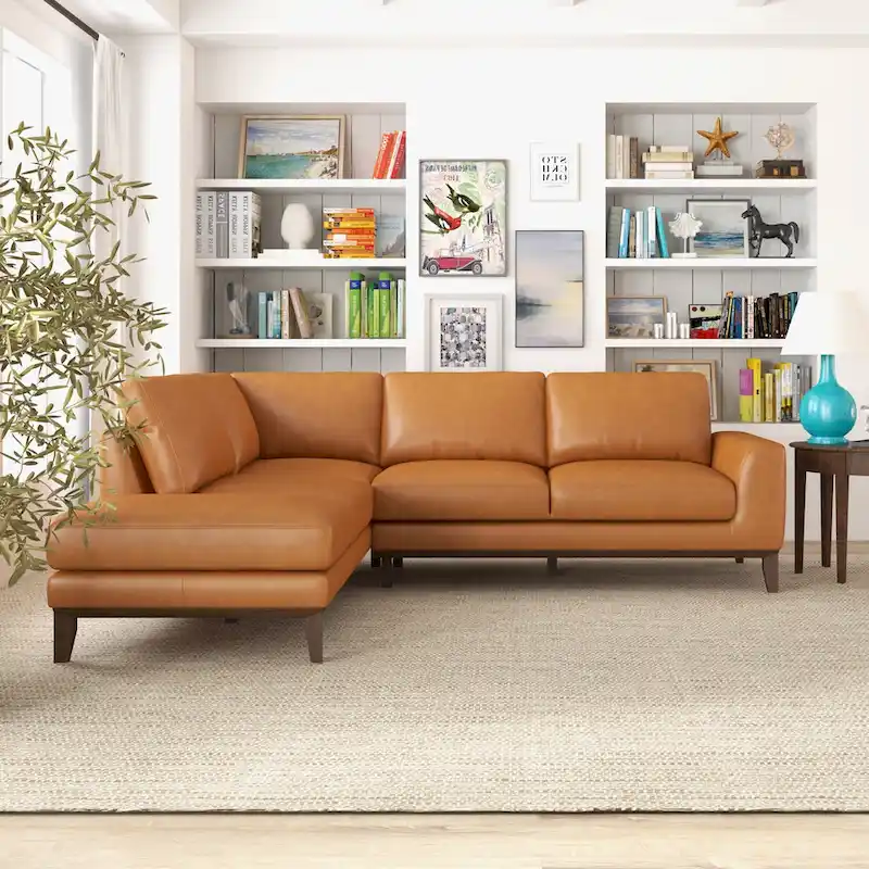 Miama Living Room Full Grain Genuine Leather Best Sectional Couch in Cognac Tan