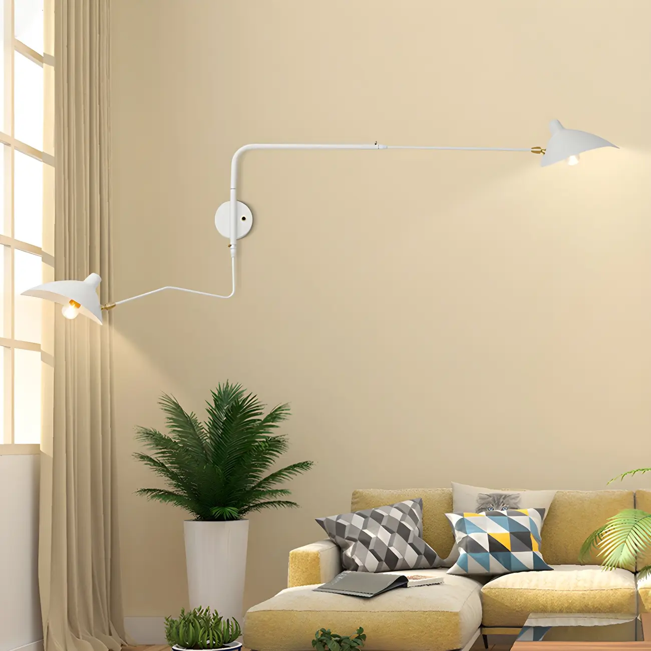 Modern 2-Light White Dual-Arm Swing Arm Wall Light