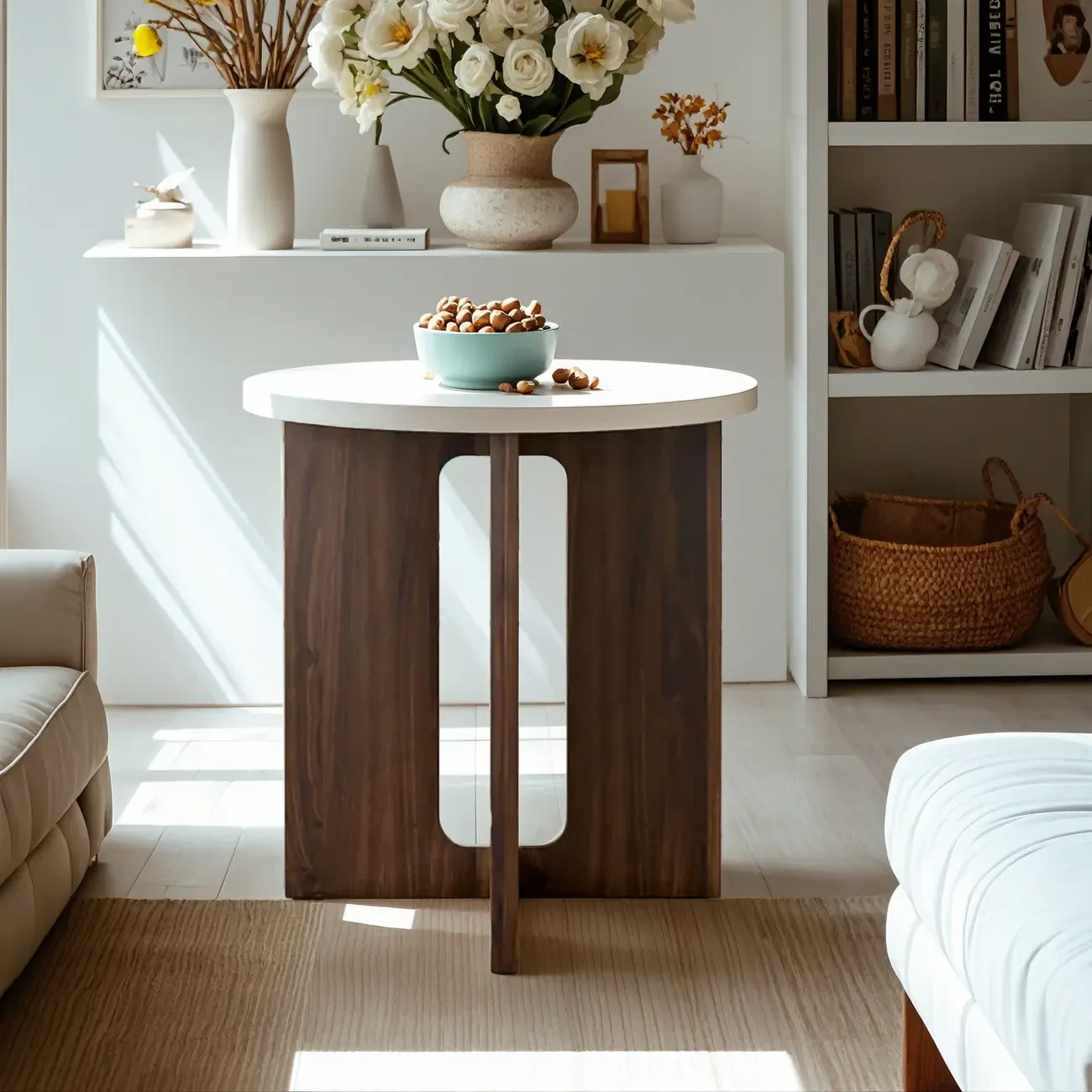 Minimalist Round Brown Wood End Table for Living Room
