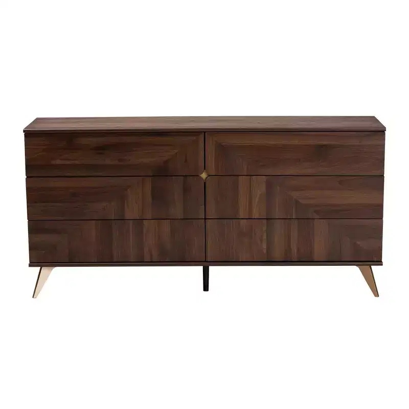 6-Drawer Mid-Century Dresser – Walnut Brown & Gold, Geometric Grain, Angled Legs