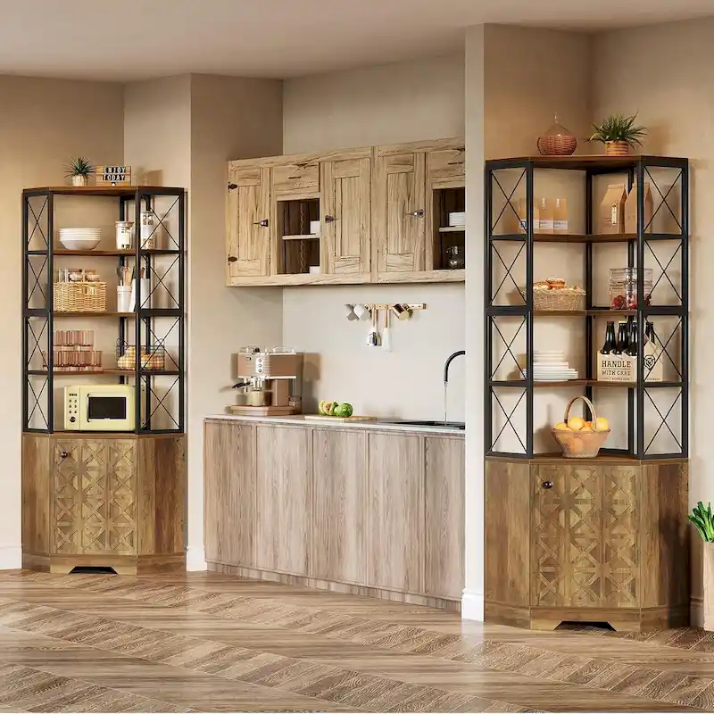 7-Tier Tall Corner Bookcase Cabinet, 76-Inch Industrial Corner Bookshelf with Storage