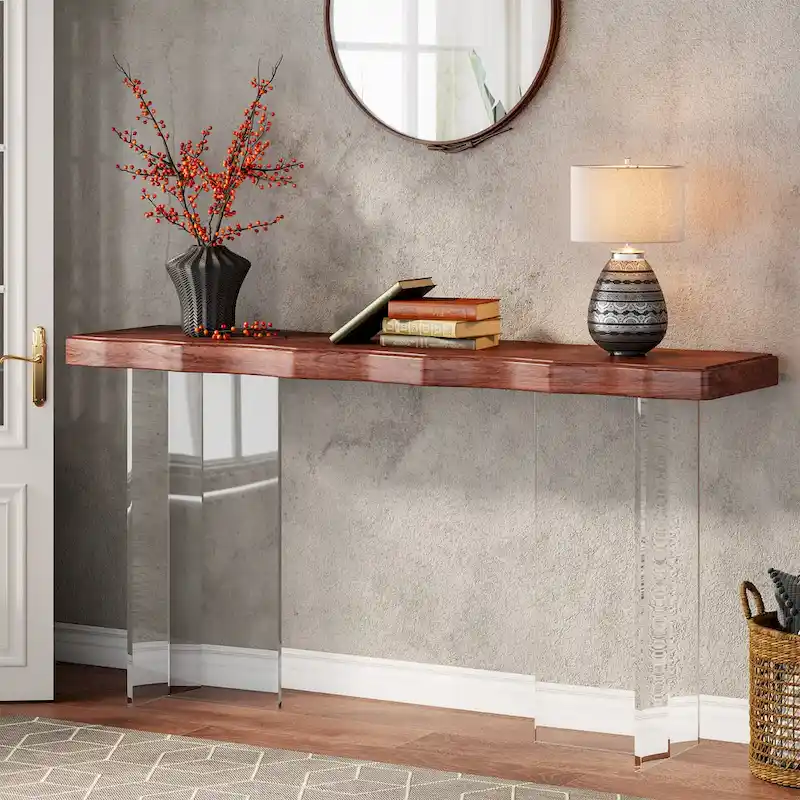 Console Sofa Table, Wave Texture, Acrylic Legs, 47.24"W x 31.89"H, Light Walnut/Dark Brown