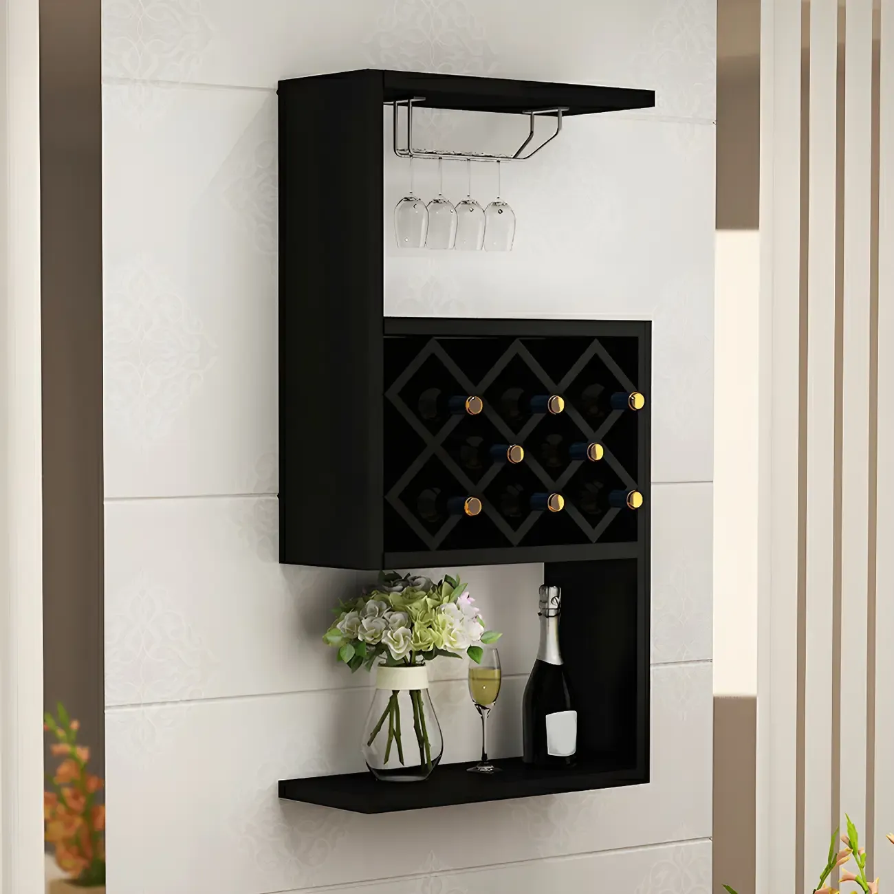 Rubberwood Floating Mount Wine Rack with Stackable Design