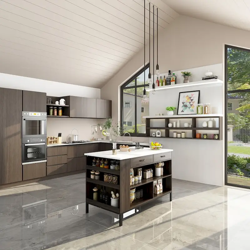 55.1W Buffet Kitchen Island Cabinet with Open Shelves Two Drawers