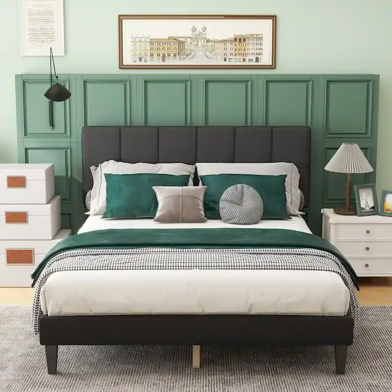 Queen Size Platform Bed Frame with Fabric Upholstered Headboard and Wooden Slats Support, No Box Spring Needed/Easy Assembly