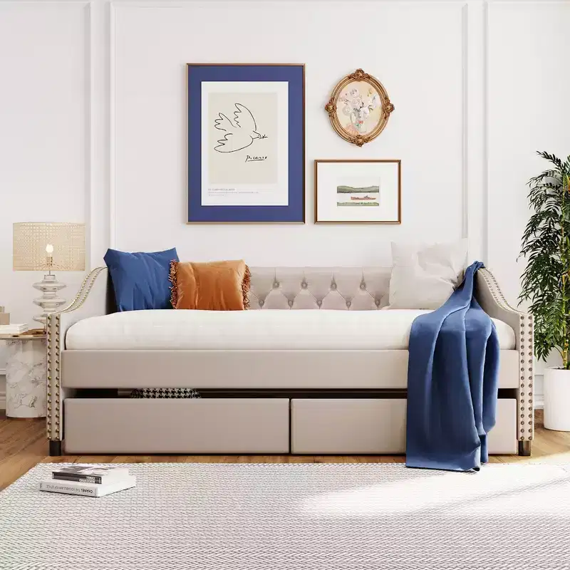 Upholstered daybed with Two Drawers Wood Slat Support Beige Full Size