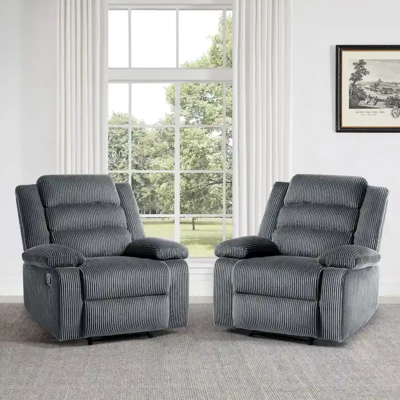 Overstuffed Cotton Corduroy Manual Pushback Recliner with Wide Armrest