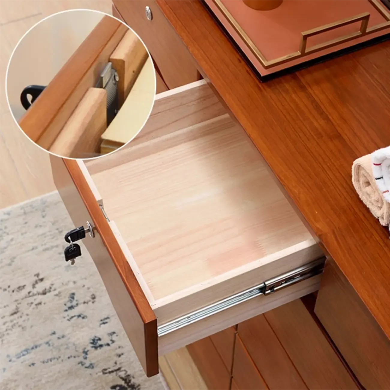 Natural Wood Double Dresser with Lockable Drawer