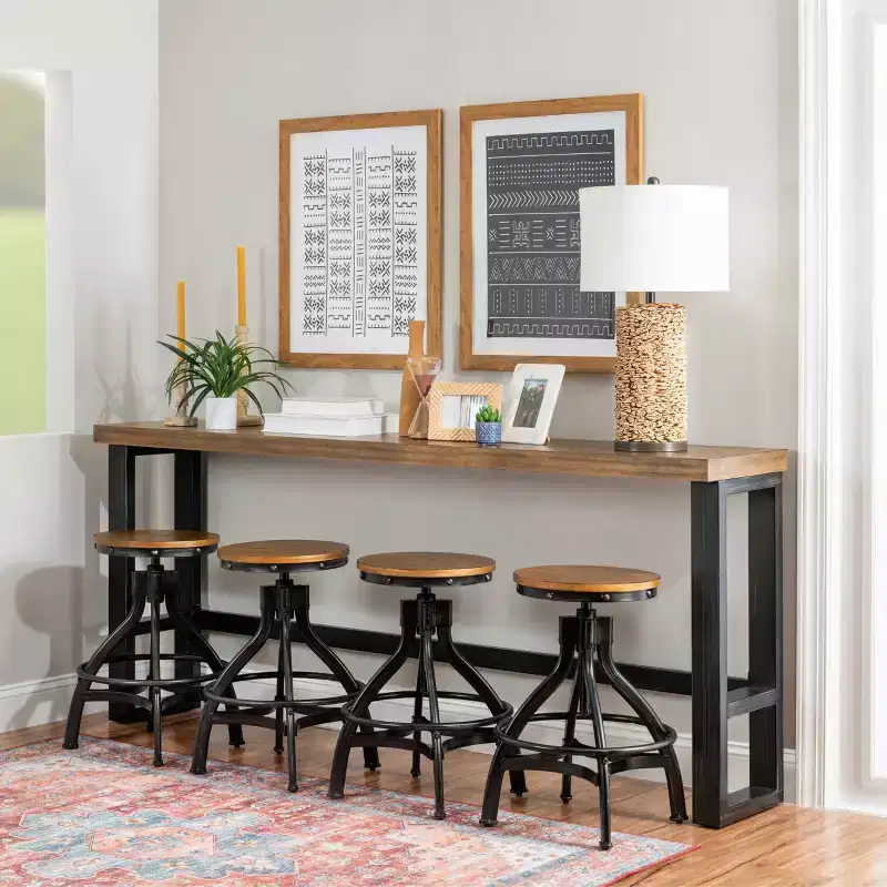 Hand Distressed Sofa Bar Table – Modern Industrial Console, Walnut & Black Metal Frame