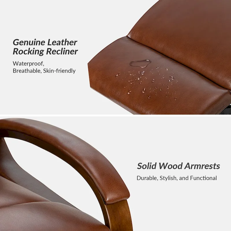 Leopold Modern Genuine Leather Swivel Rocking Manual Recliner Chair with Wooden Arm Accents by HULALA HOME