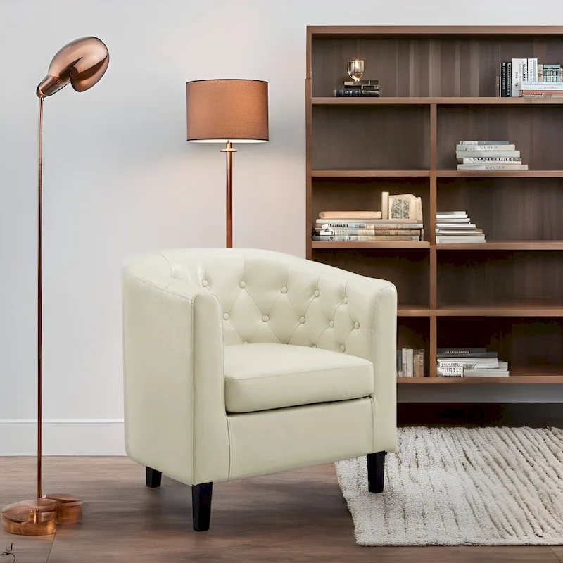 Accent Chair, Button Tufted Faux Leather Barrel Chair, Midcentury Modern Accent Chair, Comfy Armchair, Tub Barrel Chairs