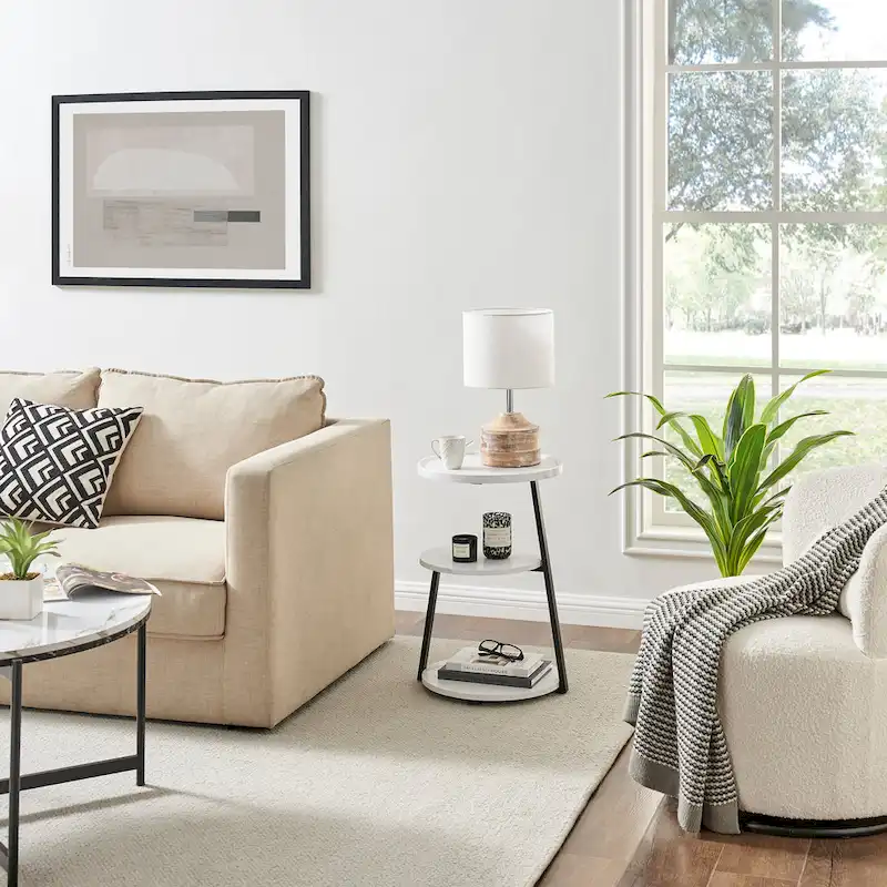 Skylar Round 3-Tier Side Accent Table with Raised Lip Edge Tabletop and Midcentury Modern Metal Asymmetric Pedestal Legs