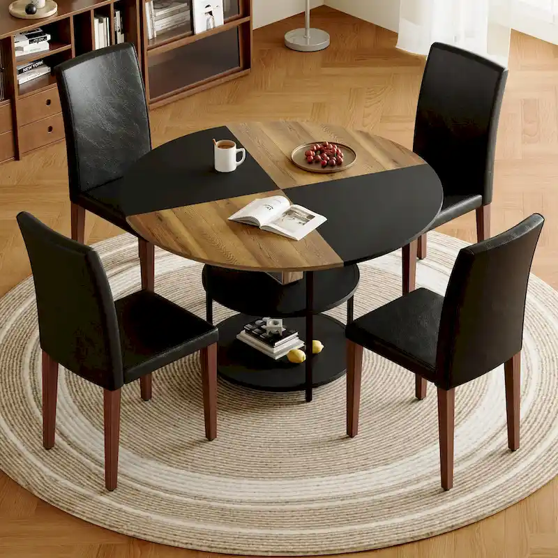 Modern Dining Table Set,Round Table with Storage & Technology Fabric Dining Chairs,Easy to Install