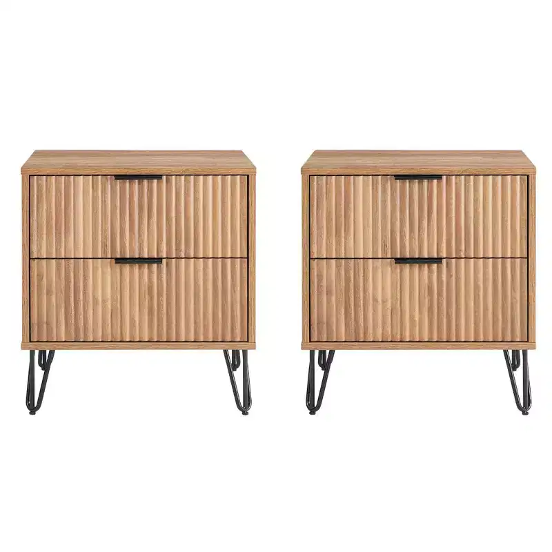 Golden Brown 2-Drawer Nightstand, Ribbed Style, Set of 2