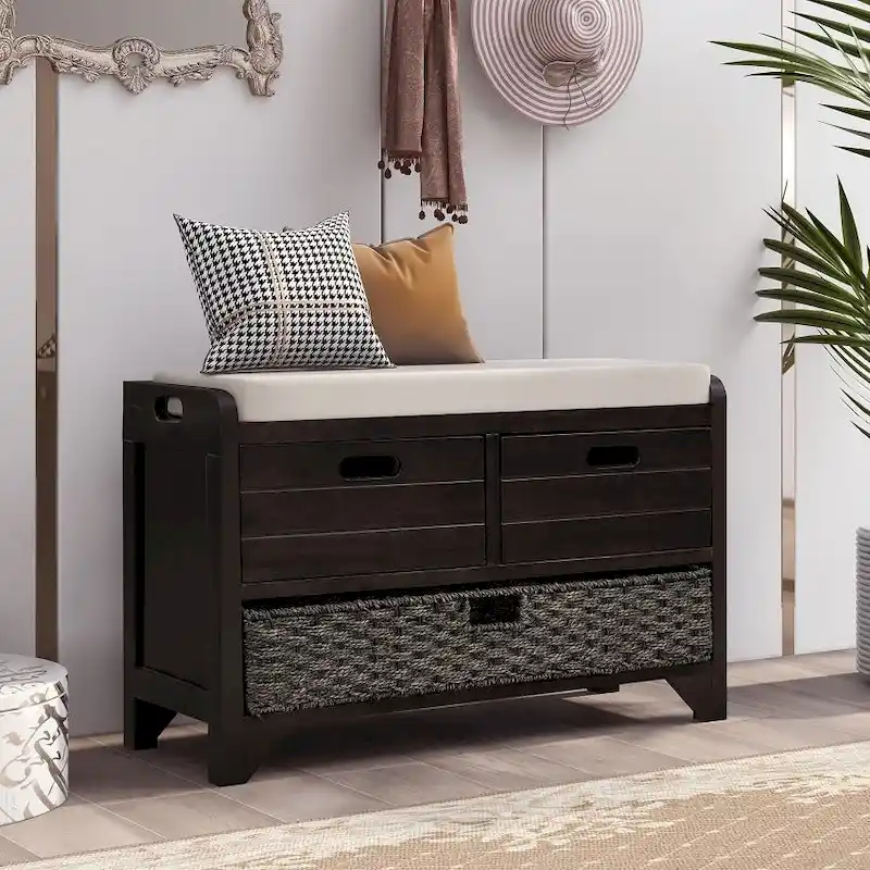 Storage Bench Entryway Bench with Removable Basket and 2 Drawers, with Removable Cushion for Living Room