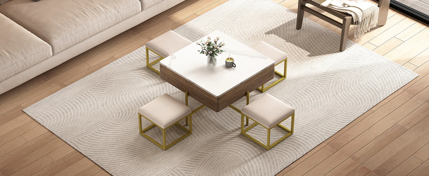Walker Edison | Modern Square Lift-Top Coffee Table Set with 4 Ottomans